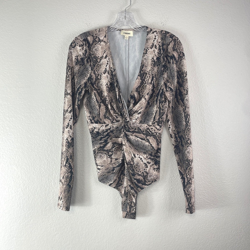 L'AGENCE Snake Print Bodysuit Small Tan Brown Black Snakeskin Glam Edgy 5643SNX